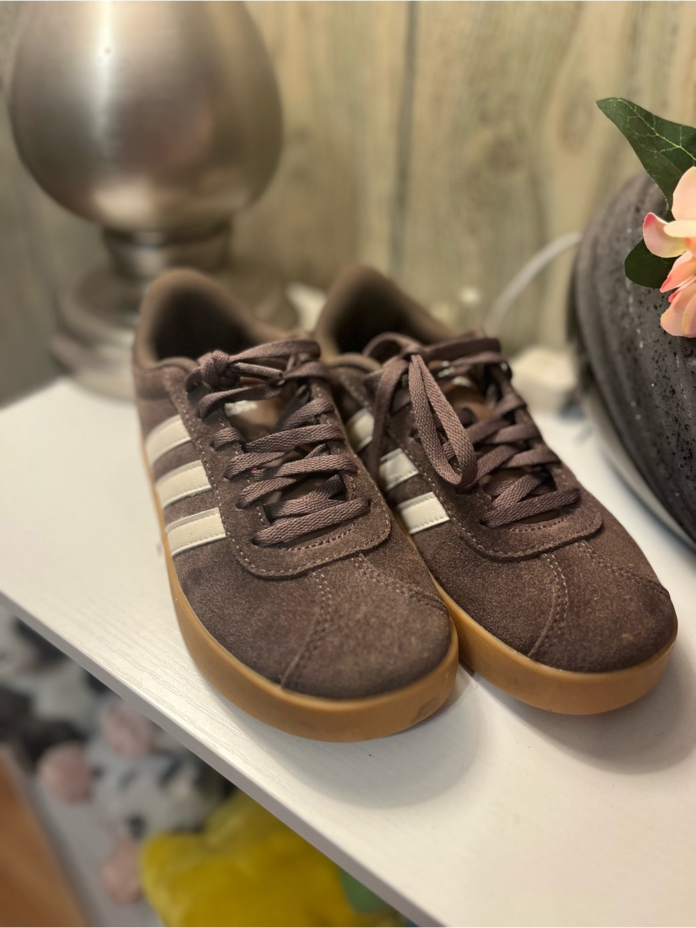 adidas Kids Brown Suede Sneakers with White Stripes and Gum Sole